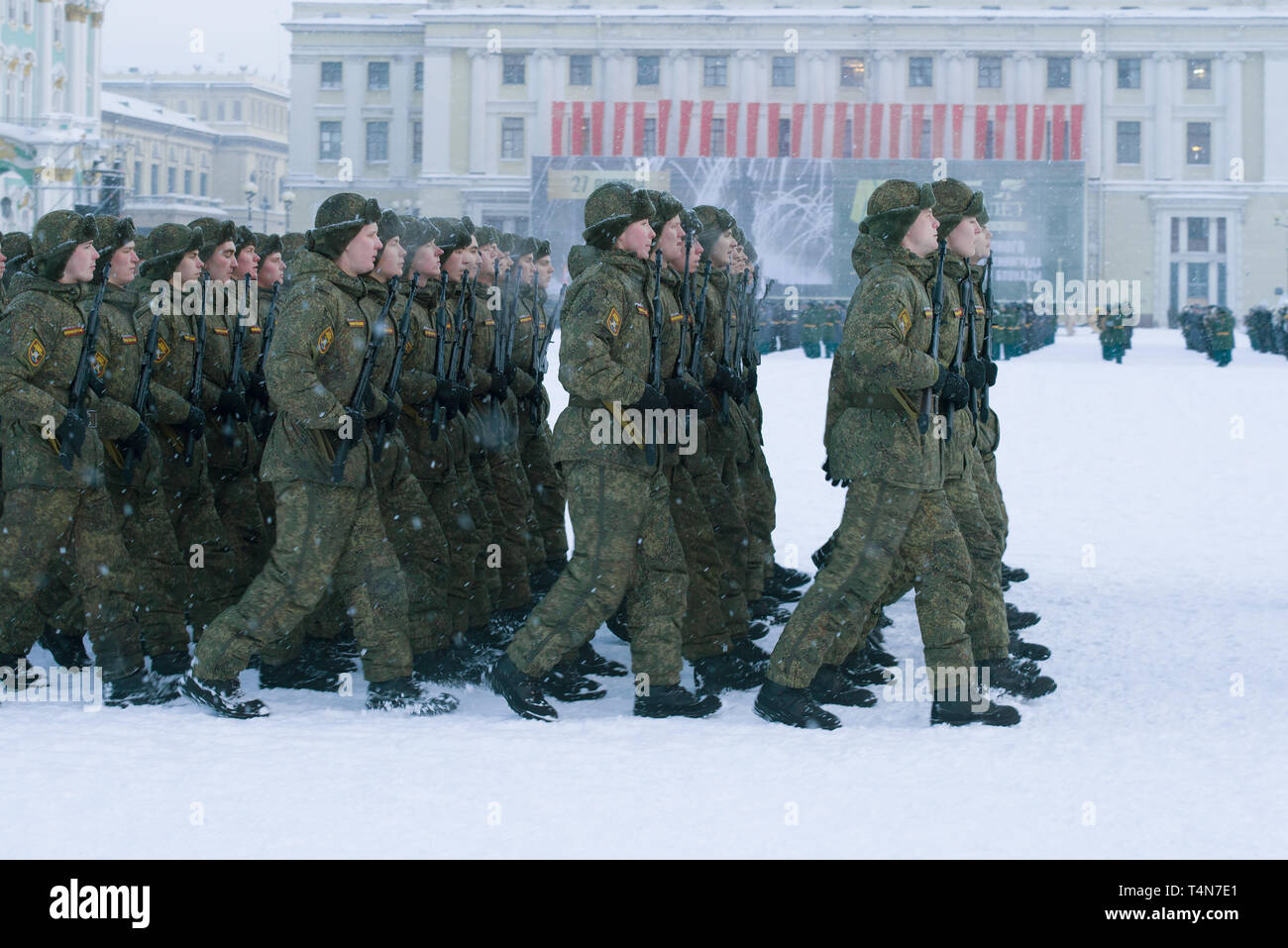 SAINT-PETERSBURG, RUSSIA - JANUARY 24, 2019: Soldiers of the Russian army on the general rehearsal of the military parade in honor of the Day of the c Stock Photo