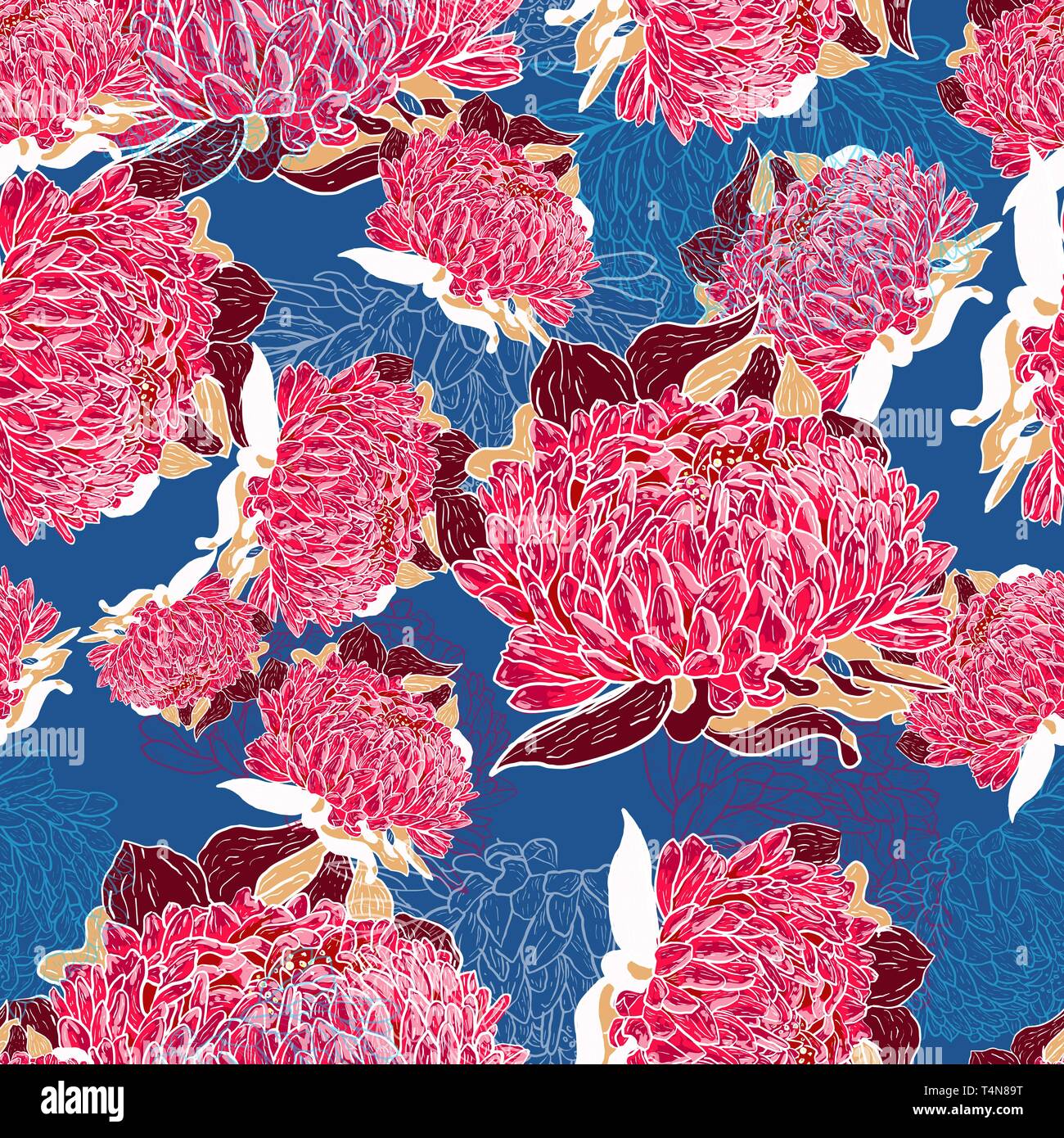 Abstract seamless vector bright pattern with red flowers Stock Vector