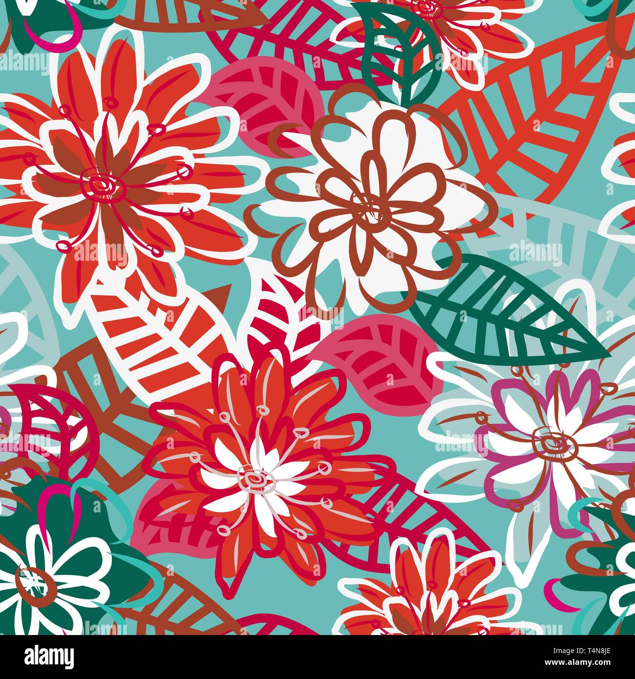 Abstract seamless blue vector texture with red flowers Stock Vector