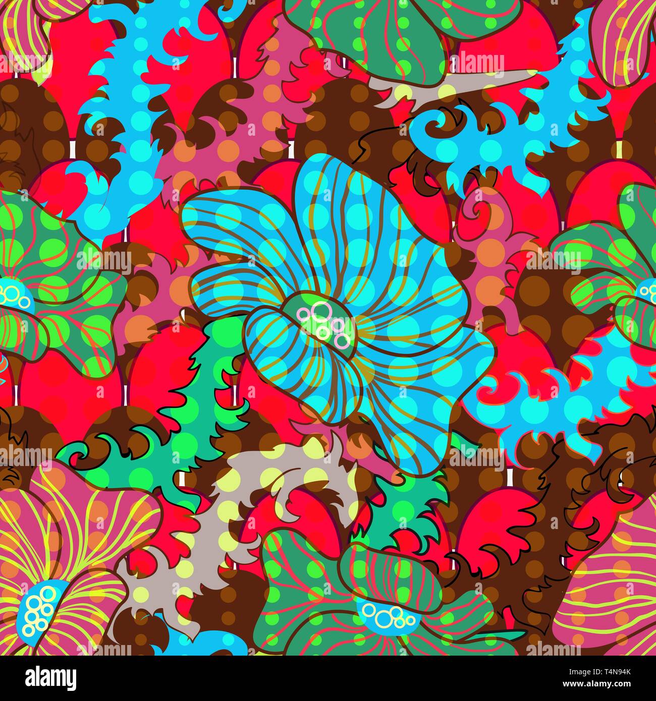 Bright vector seamless texture with multicolor drawing flowers Stock Vector