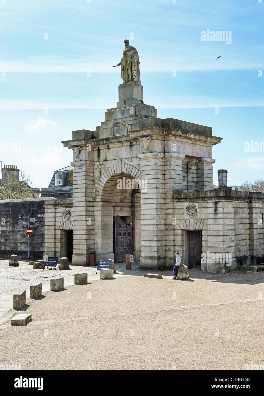 Royal William Yard entrance archway Stonehouse, Plymouth from Ocean City Sights open top bus, historic buildings Stock Photo