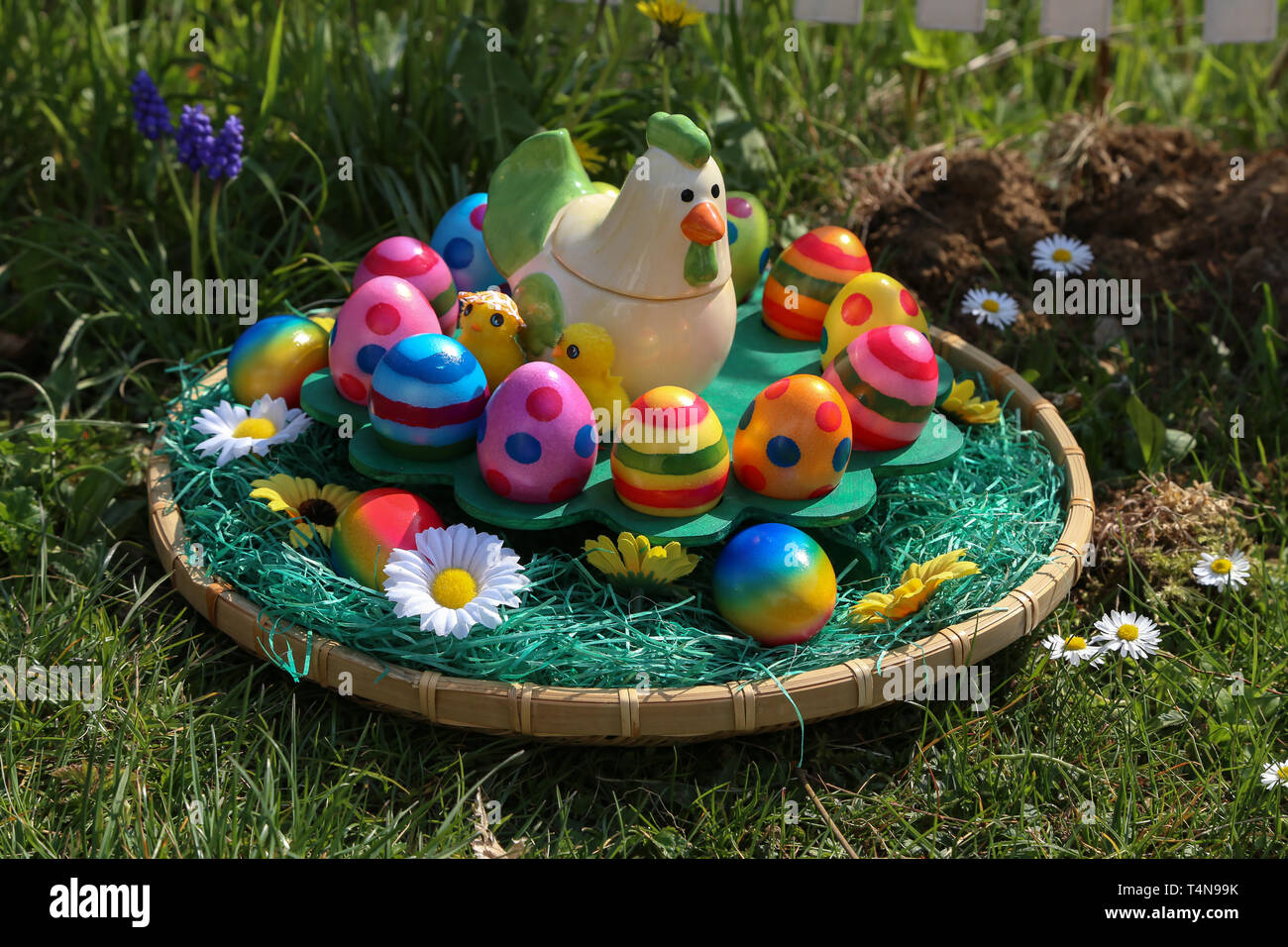Easter traditions. Compositions with painted Easter eggs. Stock Photo