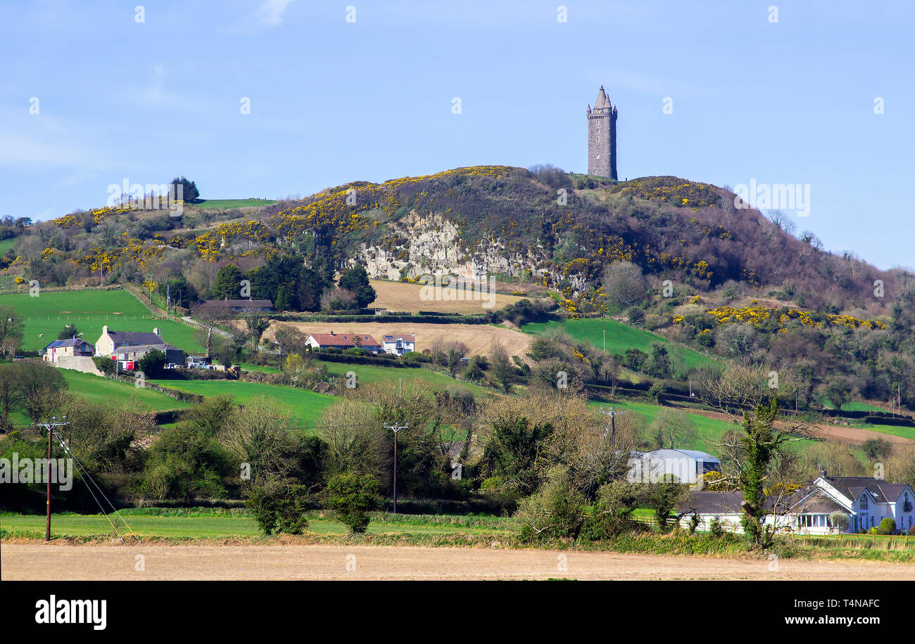 April 2019 The Scrabo Tower monument on Scrabo Hill outside newtownards County down viewed from the south west on the Comber Road from Newtownards tow Stock Photo
