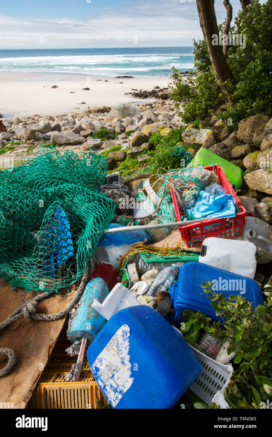 Plastic rubbish collected from Sennen beach, Cornwall, UK Stock Photo