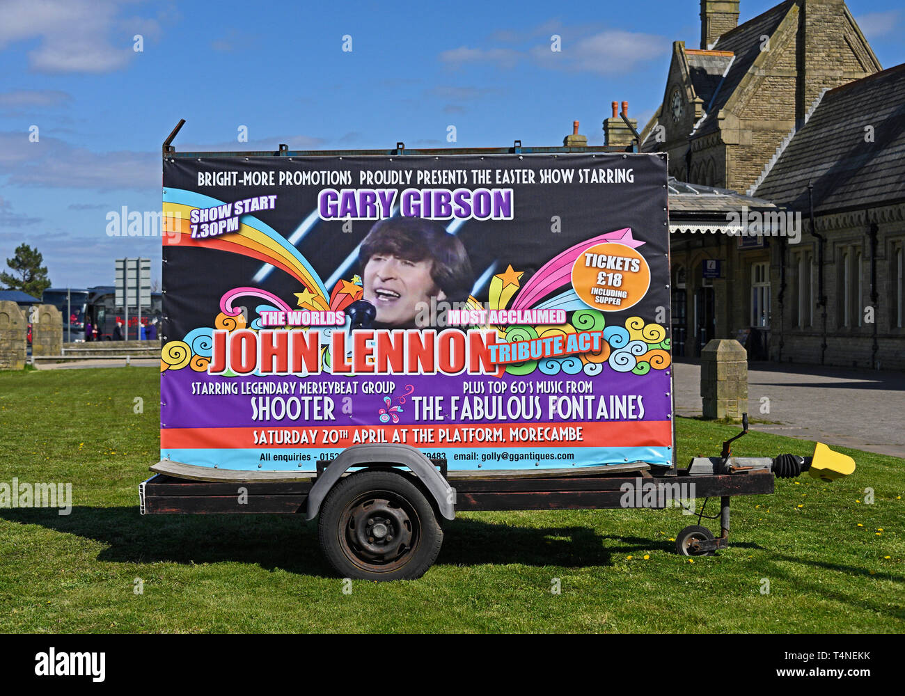 Mobile advertising hoarding. Gary Gibson the world's most acclaimed John Lennon tribute act. Marine Drive, Morecambe, Lancashire, England, U.K. Stock Photo