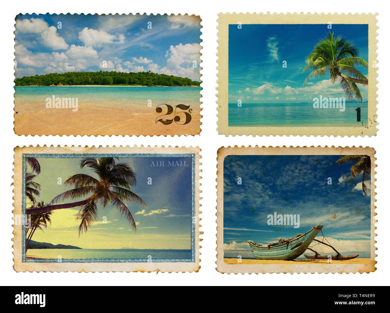 Vintage postage stamps with tropical palms and island Stock Photo - Alamy