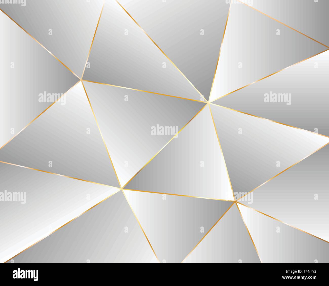 Abstract light geometric background from triangles. Luxury template design with gray gradient and golden line frame. Elegant texture. Stock Vector