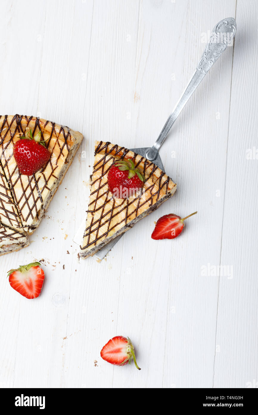 Slice of cheesecake with strawberry on cake lifter Stock Photo