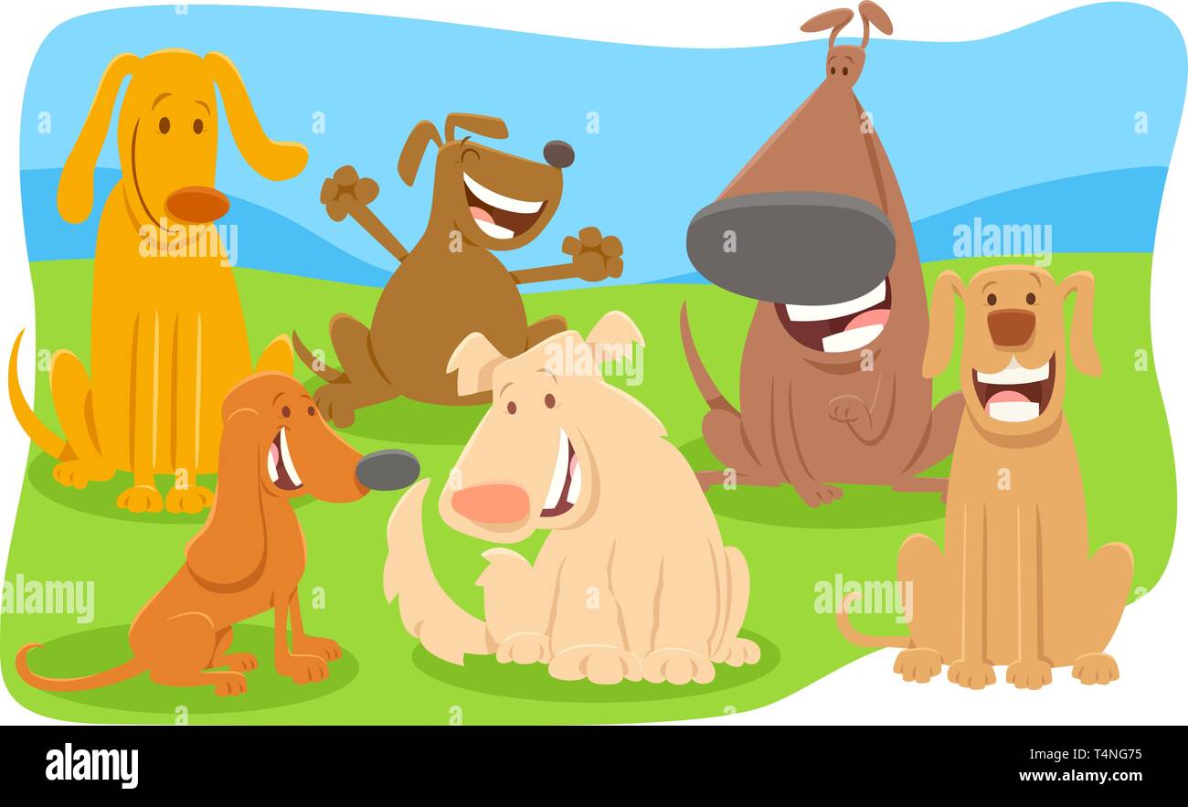 Cartoon Illustration of Happy Dogs and Puppies Pet Animal Characters ...