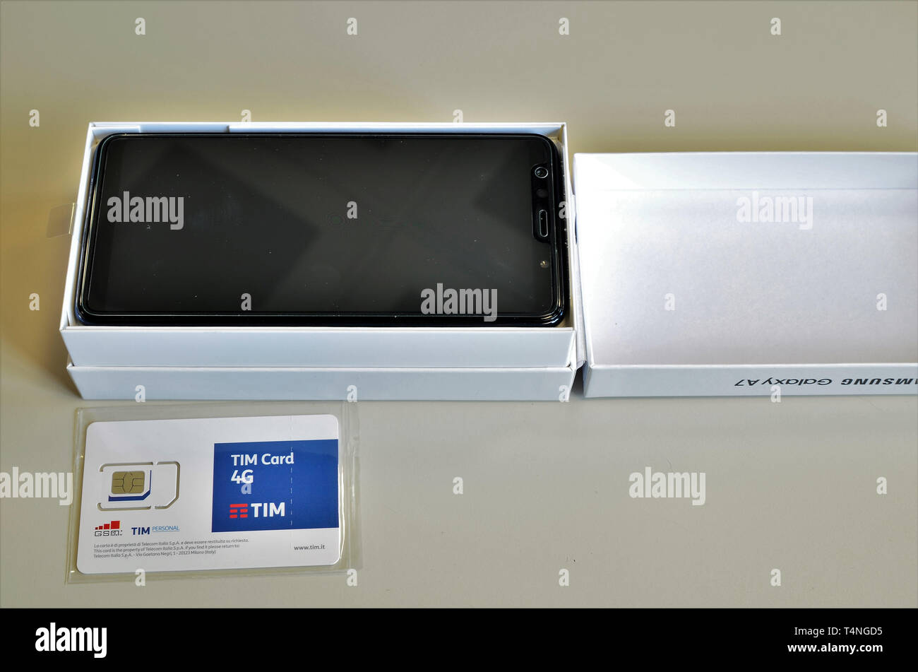 Turin, Piedmont, Italy. April 2019. The package of a Samsung Galaxy A7 has been opened, it recognizes the SIM of the telephone operator and the smartp Stock Photo