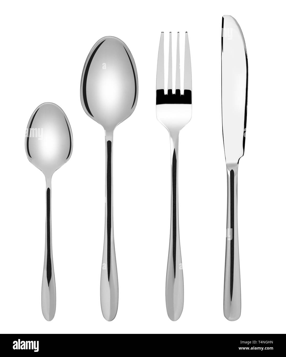Shiny new cutlery set spoon, fork and knife flatware, isolated on