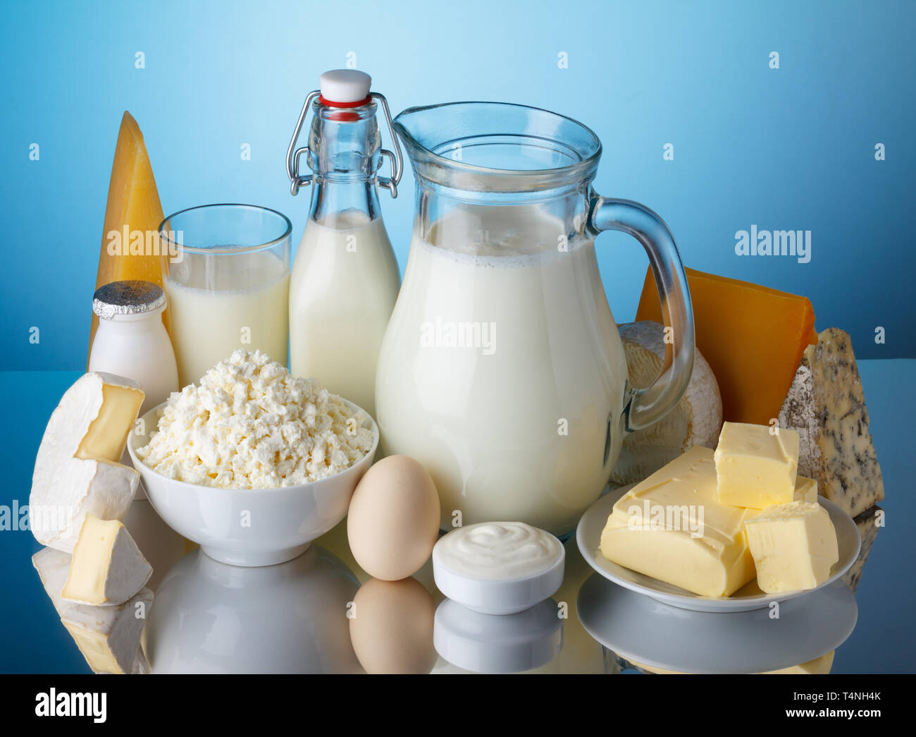 Dairy products, milk, cheese, egg, yogurt, sour cream, cottage cheese and butter on blue background still life Stock Photo