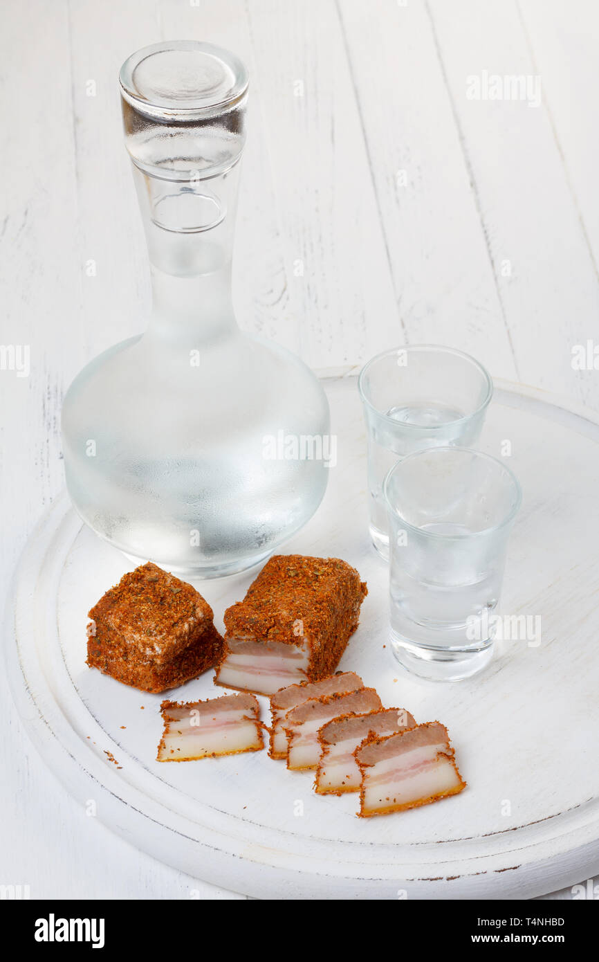 Vodka and salted lard with spices, traditional ukrainian recipe Stock