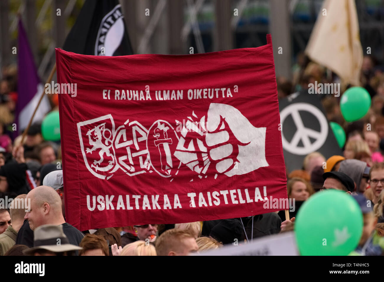 Helsinki, Finland - September 24, 2016: Peli poikki - Rikotaan hiljaisuus - protest rally against racism and right wing extremist violence in Helsinki Stock Photo