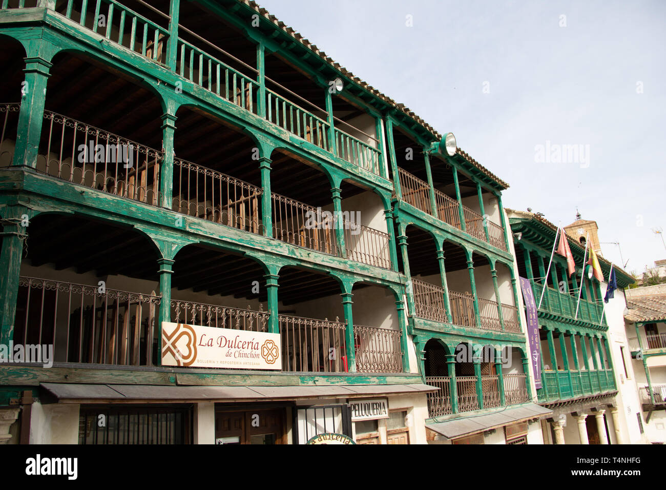 Chinchon, Spain - 04 14 2019: Typical green balconies of the main plaza Stock Photo
