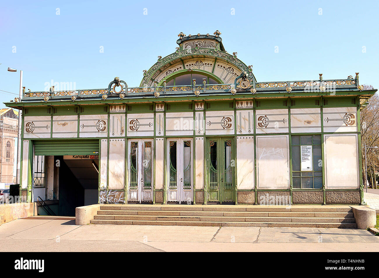 VIENNA, AUSTRIA - 1 APRIL 2019:  Otto Wagner's two art nouveau pavilions were part of the Vienna Sezession movement and served as the Stadtbahn statio Stock Photo