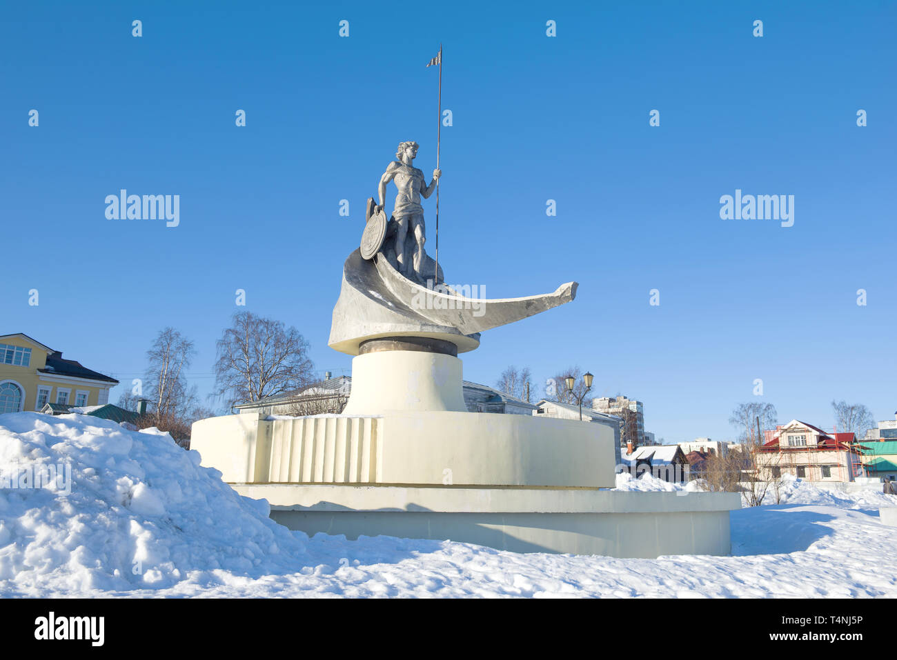 PETROZAVODSK, RUSSIA - FEBRUARY 18, 2019: The sculpture 'Onego' (Birth of Petrozavodsk), established in honor of the 300th anniversary of the city, in Stock Photo