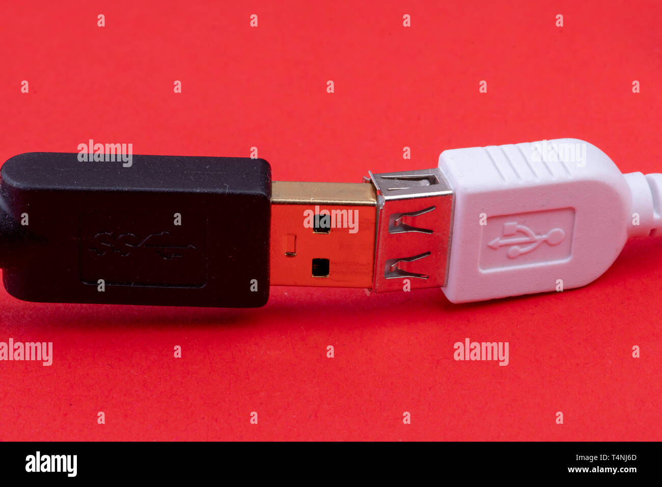 data cable extension plug white and black cable together on red background Stock Photo