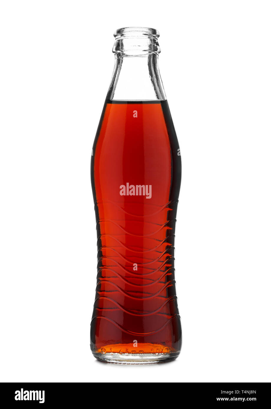 Open glass bottle with soft drink cola or soda isolated on white