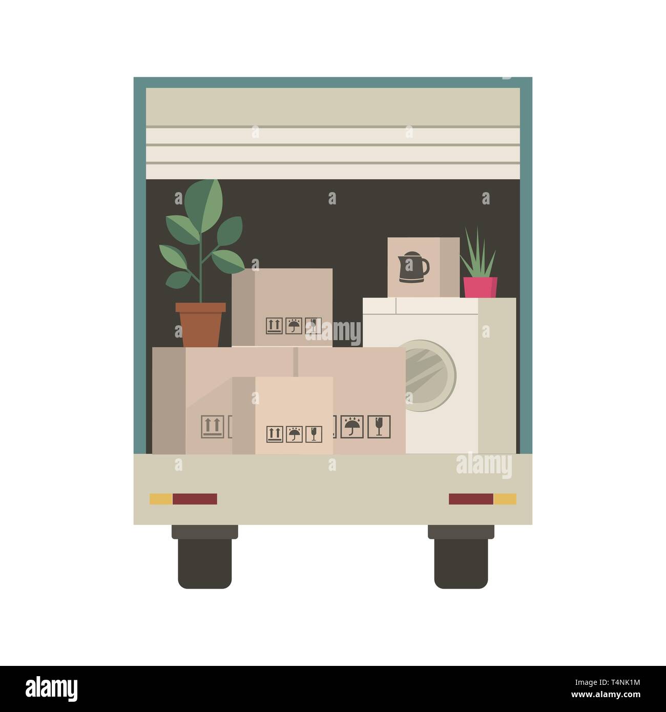 Cardboard boxes and packed household stuff in van - moving to a new house or office. Things inside truck Stock Vector