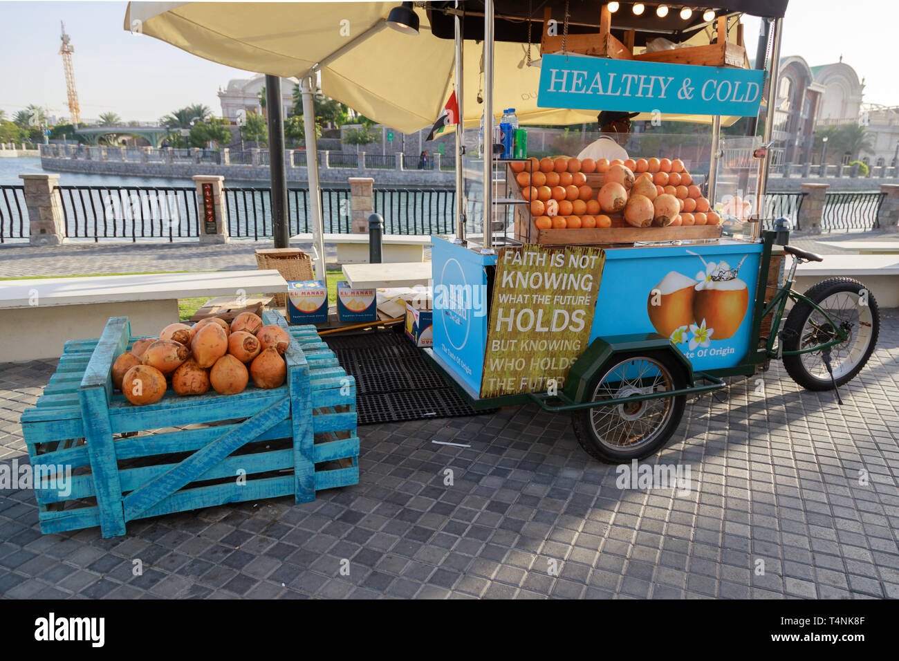 DUBAI, UAE, JANUARY 09, 2019 Street vendor sells fresh oranges and