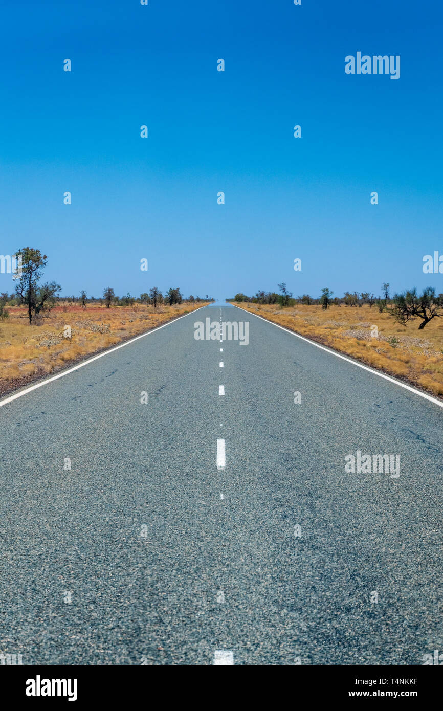 Long empty road symmetric markings Australia leading through savanna landscape touching the horizon Stock Photo