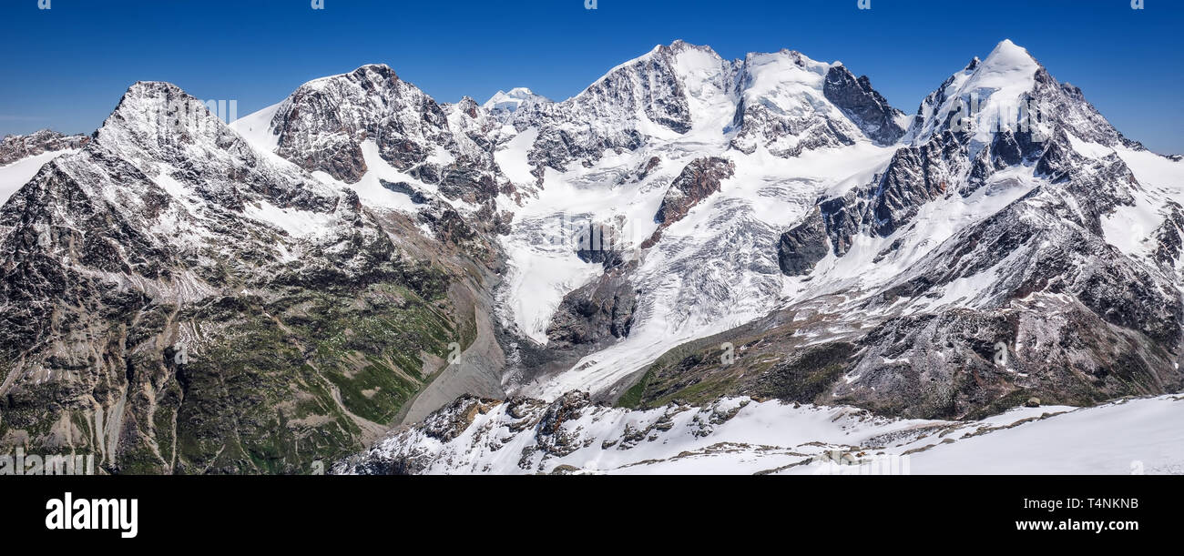 Tschierva Glacier and Bernina mountain from Corvatsch, canton of Graubunden, Grisons, Switzerland, Europe Stock Photo
