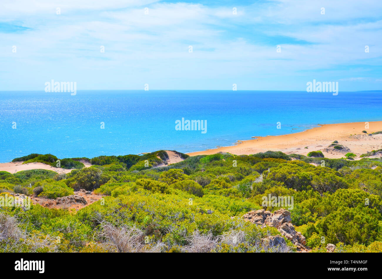 Amazing landscape with the bay on Mediterranean coast taken from the hills in Karpas Peninsula, Turkish Northern Cyprus. Amazing remote vacation spot. Stock Photo