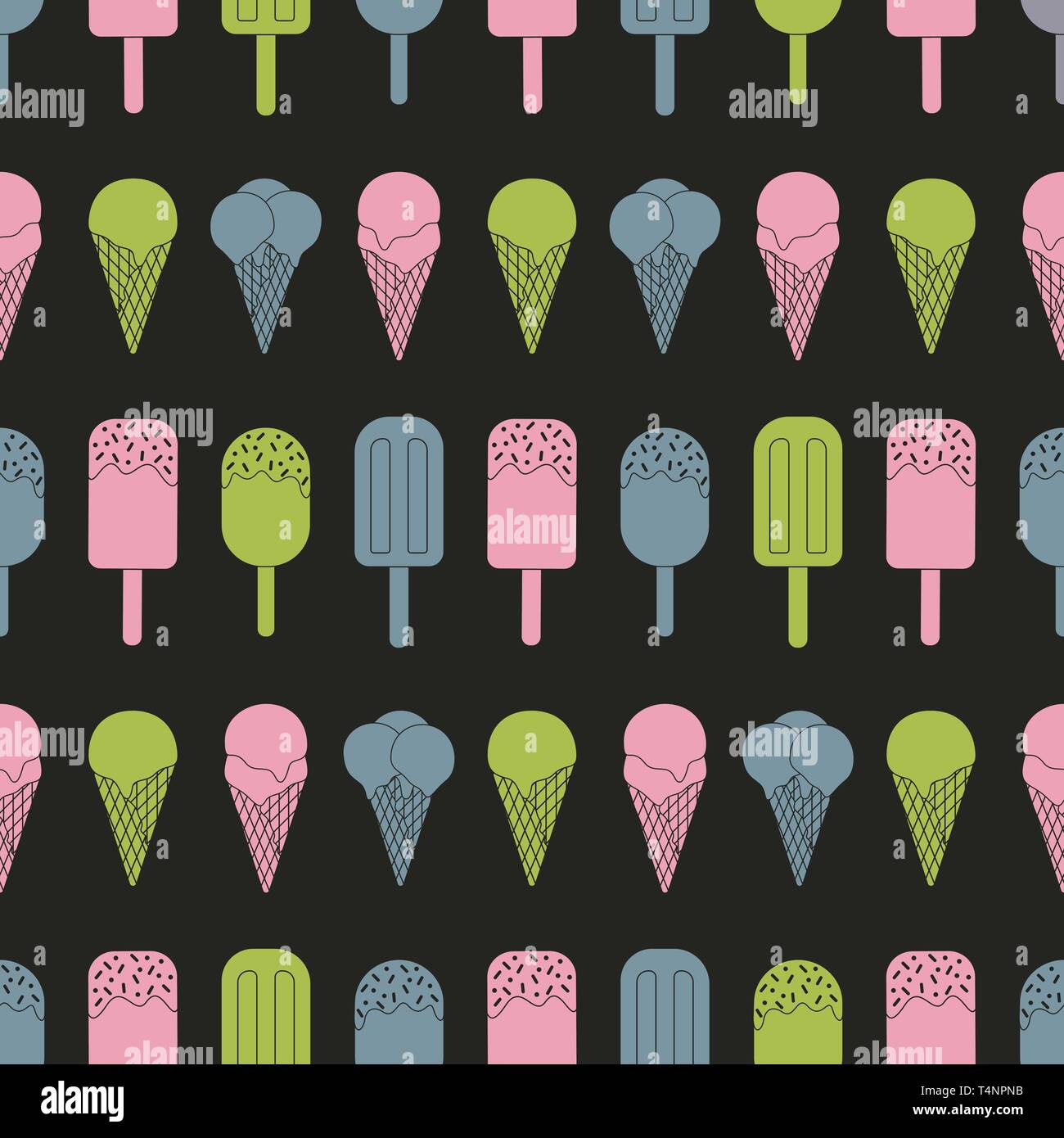 Vector repeat seamless pattern. Bright color ice creams on dark background. Colorful summer surface pattern. Stock Vector