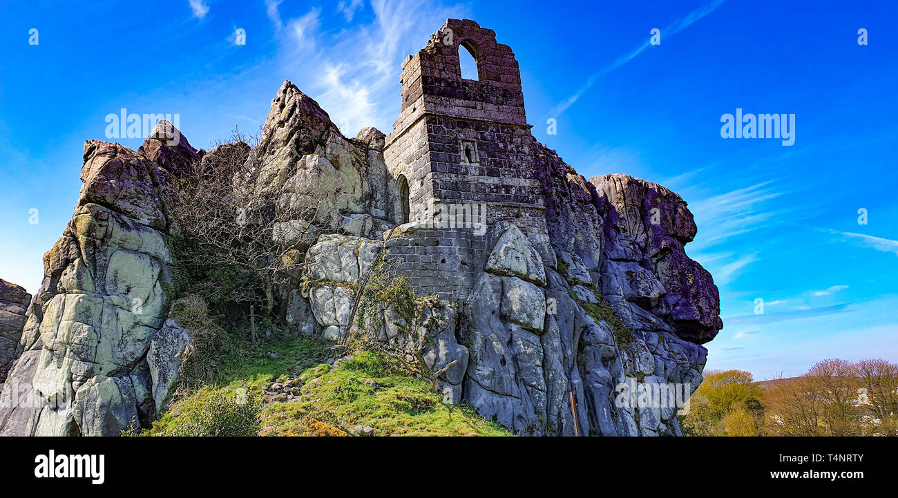 Roche Rock in Roche Cornwall, a schorl outcrop with a chapel built on it it, said to be haunted, and featured in the Omen 3 film. Stock Photo