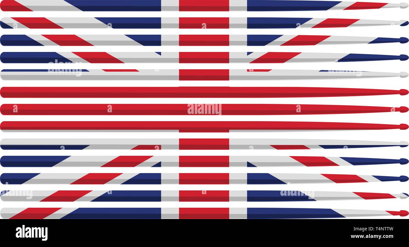 United Kingdom drummer drum stick flag with red, white and blue striped drum sticks isolated vector illustration Stock Vector