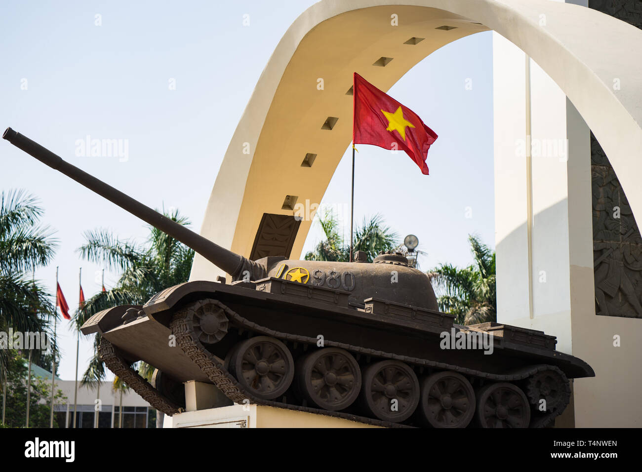 Buon Ma Thuot, Vietnam - Mar 30, 2016: Victory monument of a T-54 Tank in central point of city, crossroads of 6 roads to discover the Buon Ma Thuot c Stock Photo