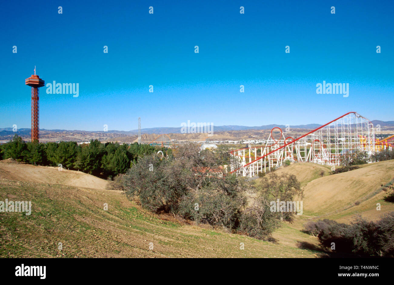 Santa Clarita California,Six Flags Magic Mountain theme park,largest concentration of roller coasters in,visitors travel traveling tour tourist touris Stock Photo