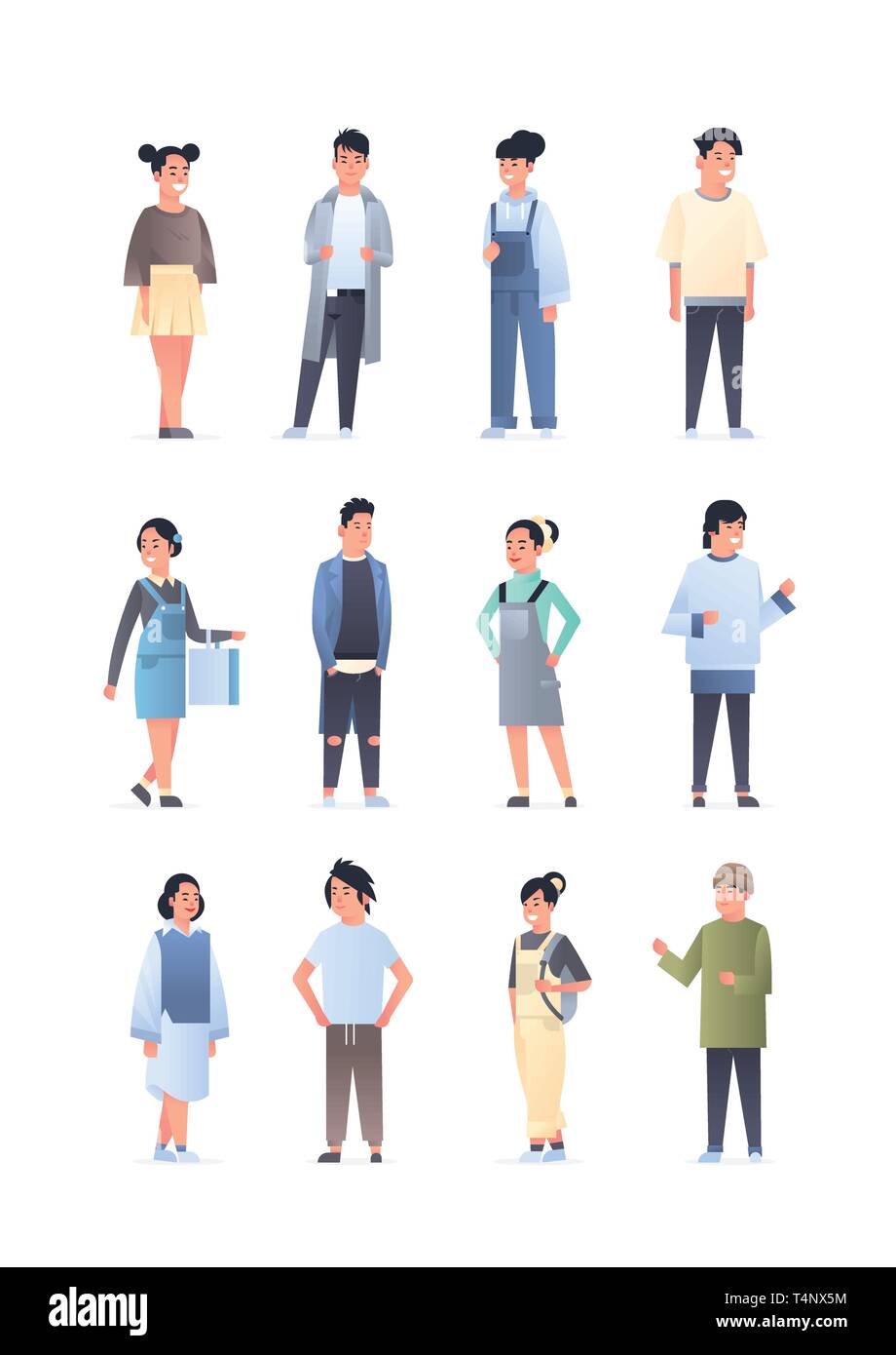 set young asian men women group wearing casual clothes happy attractive guy girls standing pose chinese or japanese female male characters collection Stock Vector