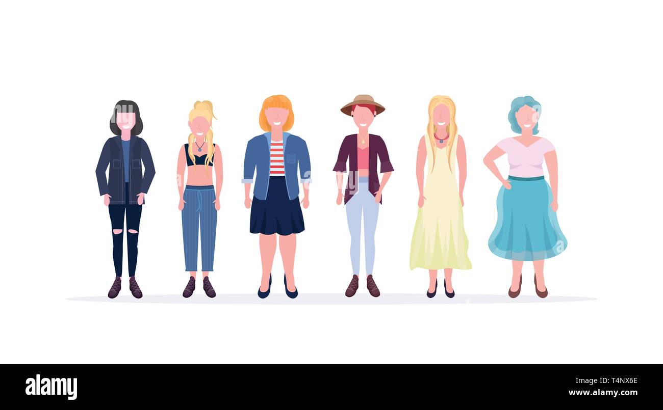 casual women standing together smiling different body shape types and  hairstyles girls female cartoon characters full length flat white  background Stock Vector Image & Art - Alamy