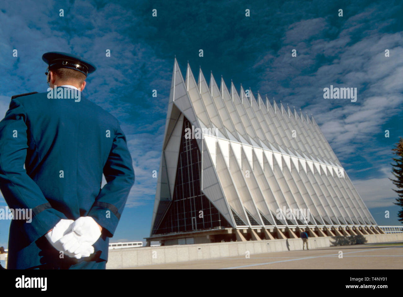 Colorado,The West,Western,Rocky Mountain State,Colorado Springs,US Air Force Academy,Chapel,150 foot spires,all faiths,cadet on left,CO007,CO007 Stock Photo