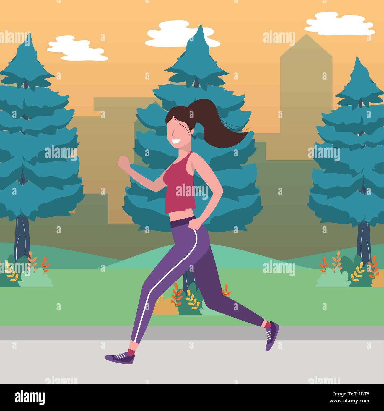 fitness sport train woman running outdoor scene cartoon vector ...