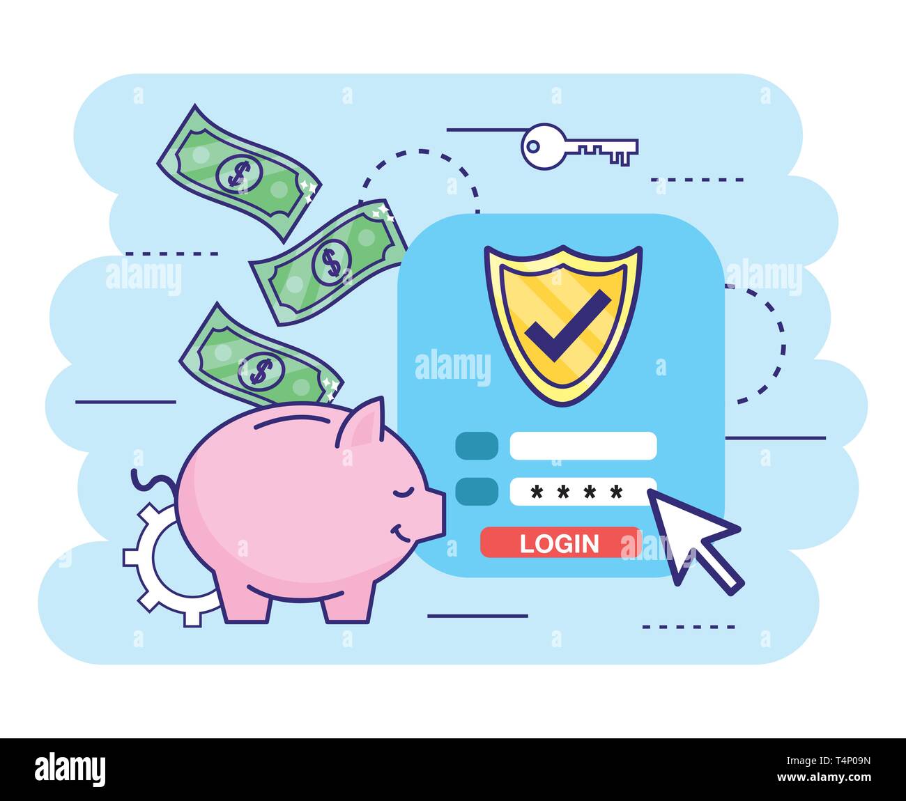 digital bank with security password and bills vector illustration Stock ...