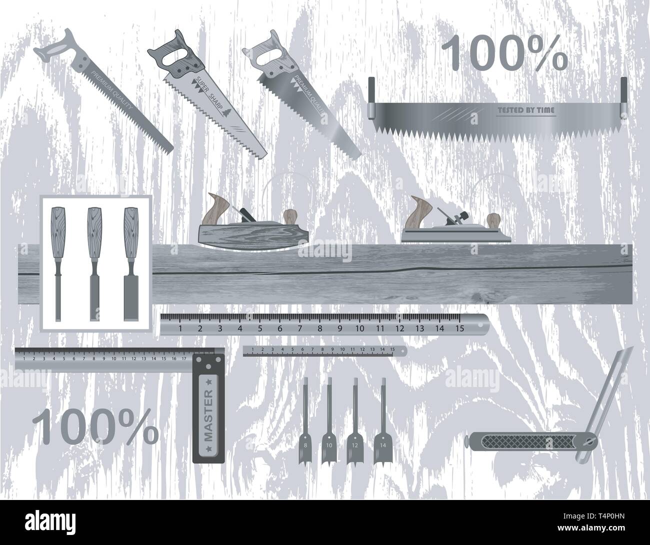 set of tools for working with wood. has a plane, hacksaw, chisel, ruler, square, drill bits , nail. Stock Vector