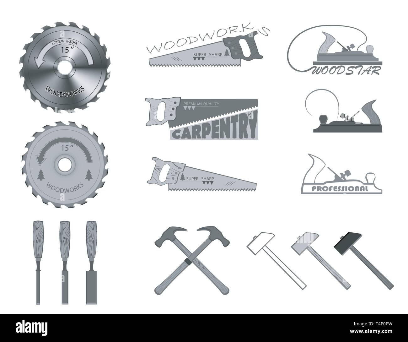 set of tools for working with wood. have a hammer, plane, handsaw ...
