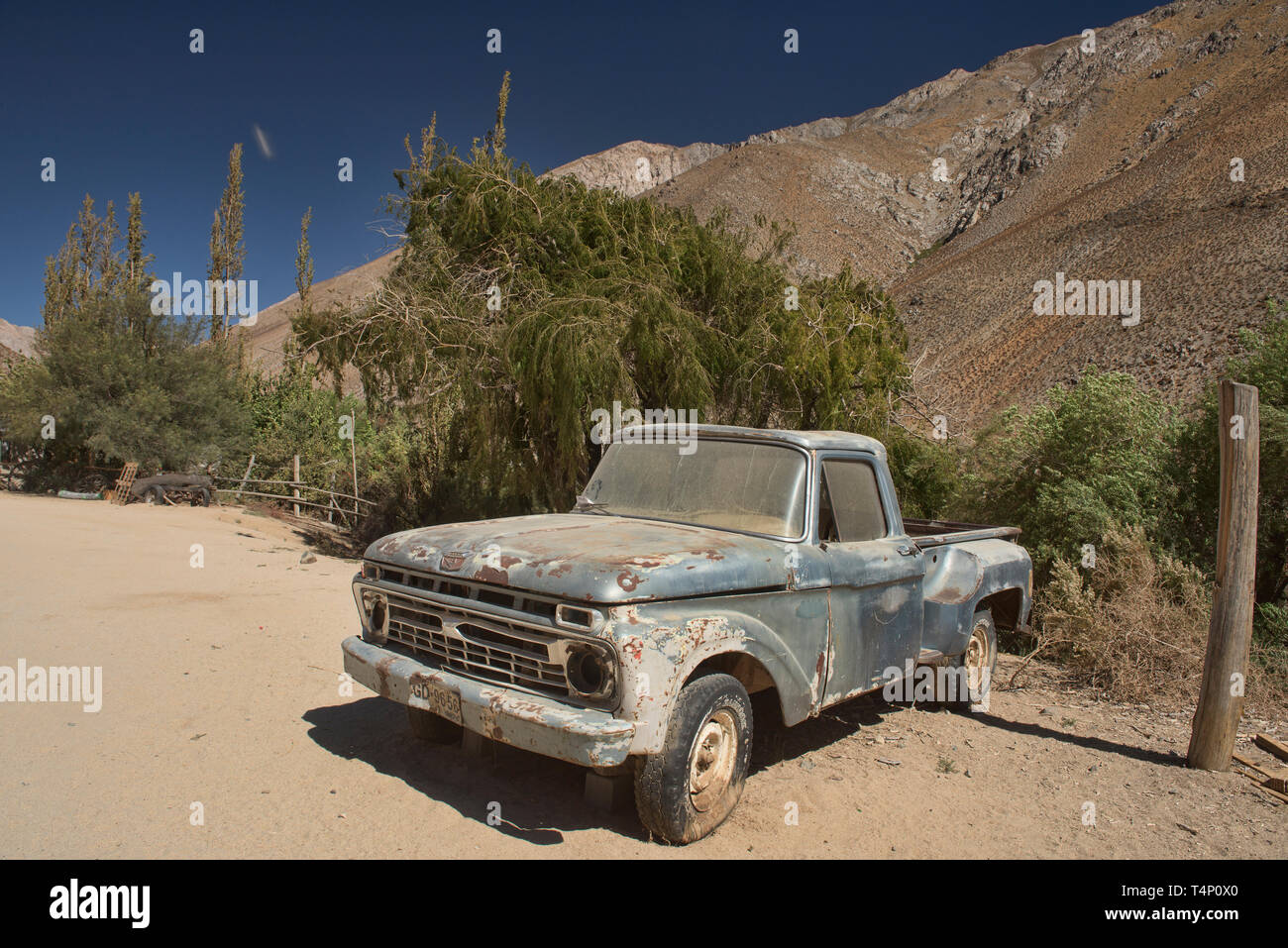 Cochiguaz village is noted for New Age and also UFO sightings. Note the falling object in the photo above the tree! Elqui Valley, Chile Stock Photo