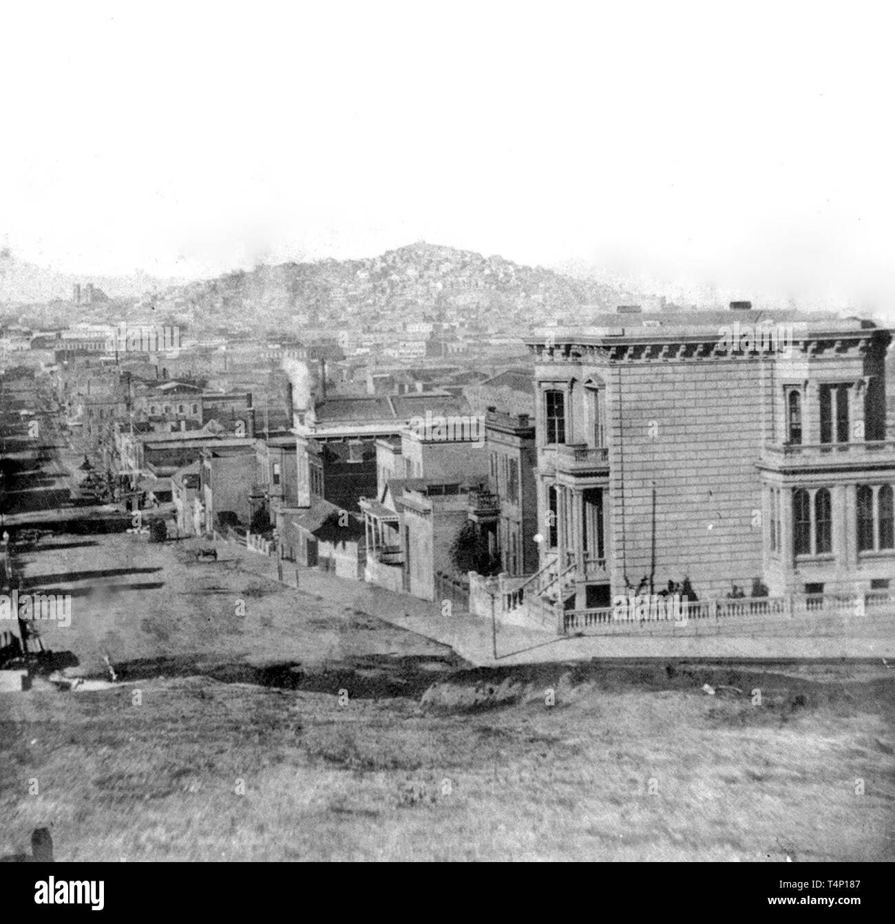 California History - First Street, San Francisco, looking North--Telegraph Hill in the distance ca. 1866 Stock Photo