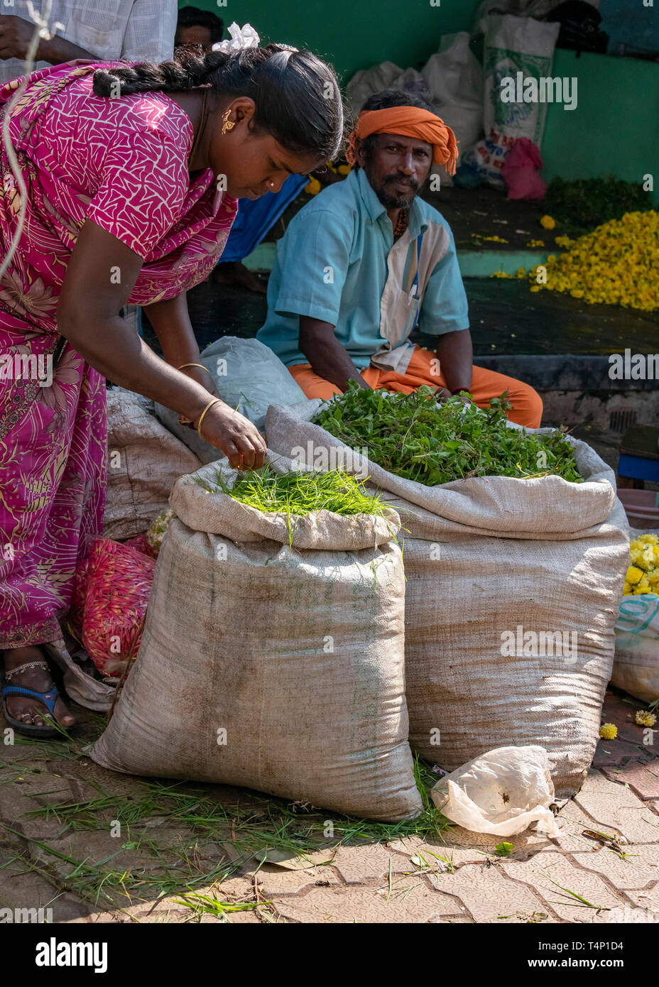 Vertical view at Mattuthavani flower market in Madurai, India. Stock Photo