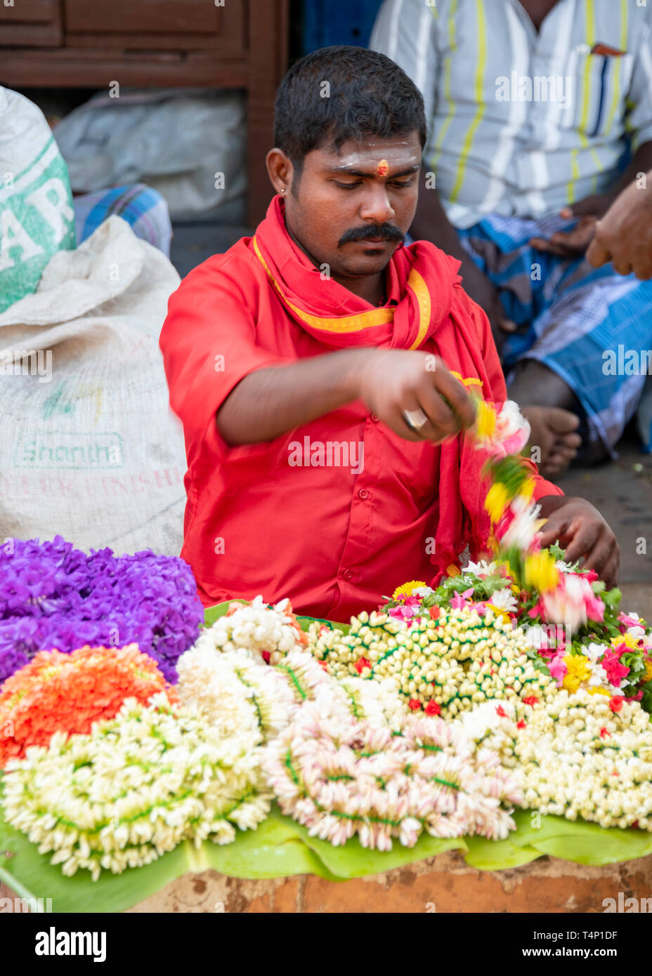 Vertical portrait of a man selling jasmine garlands at Mattuthavani flower market in Madurai, India. Stock Photo