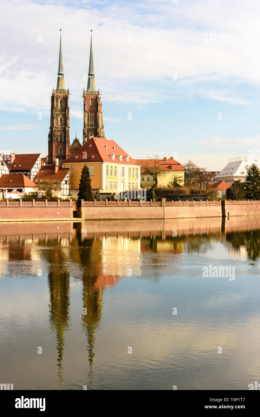 Twin spires of the Cathedral of St. John the Baptist (Katedra św. Jana Chrzciciela), Wrocław, Wroclaw, Wroklaw, Poland Stock Photo