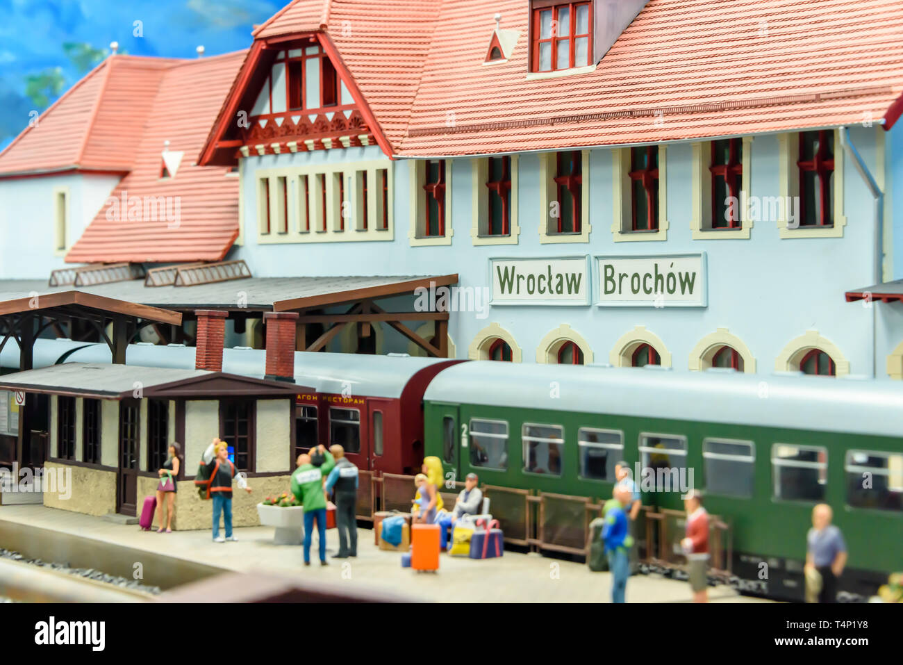 Miniature model of Wroclaw Railway Station, at Kolejkowo, Wrocław, Wroclaw, Wroklaw, Poland Stock Photo