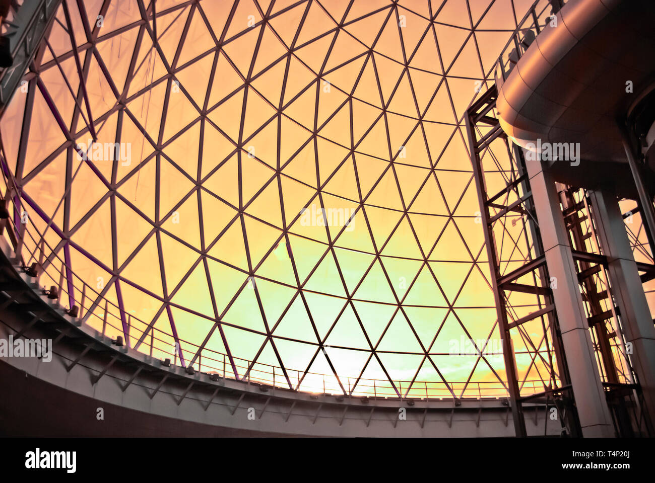 Sunset outside a glass geodesic dome at Victoria Square, Belfast Stock Photo