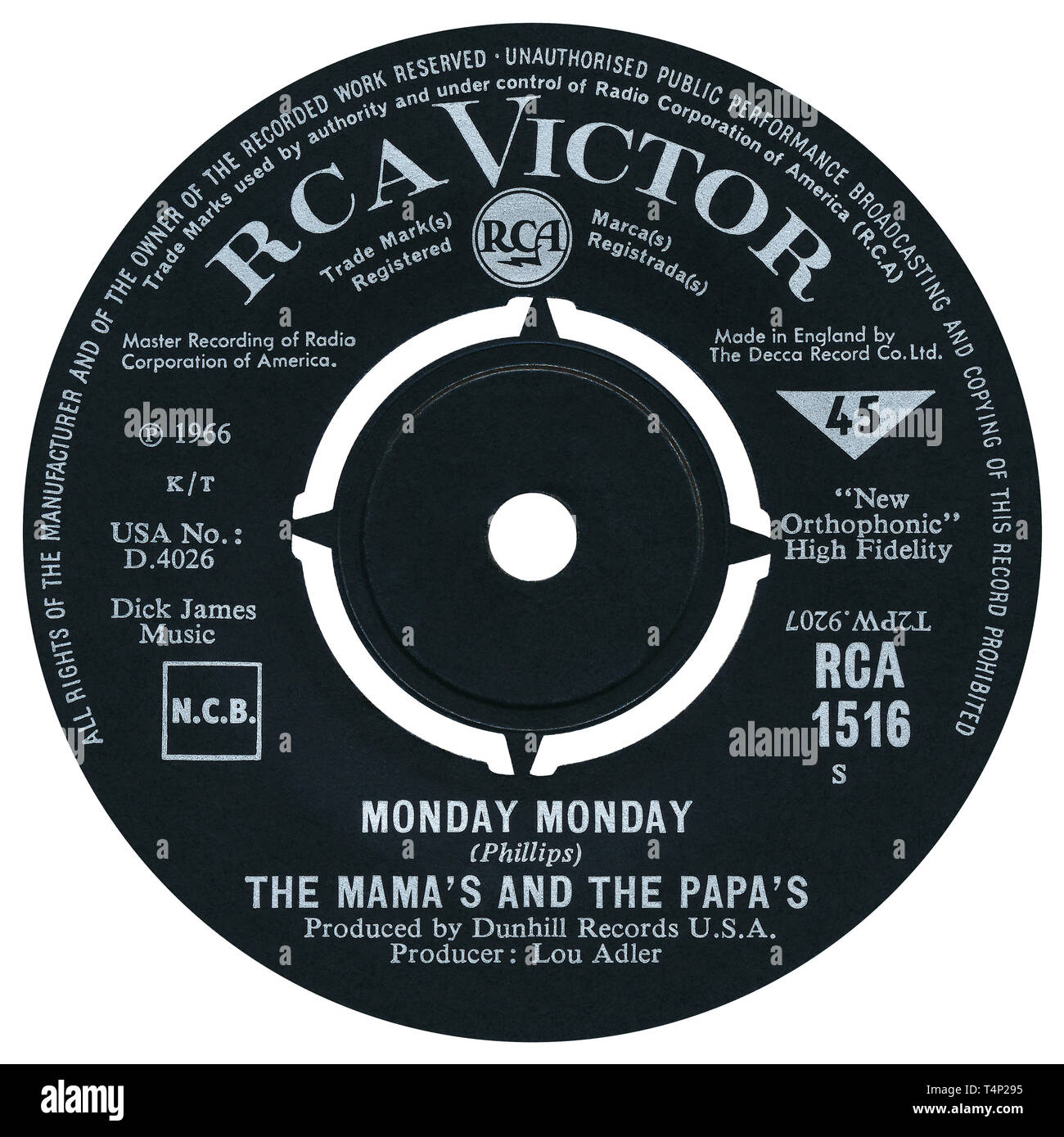 UK 45 rpm single of Monday Monday by The Mamas And The Papas on the RCA Victor label from 1966. Written by John Phillips and produced by Lou Adler. Stock Photo