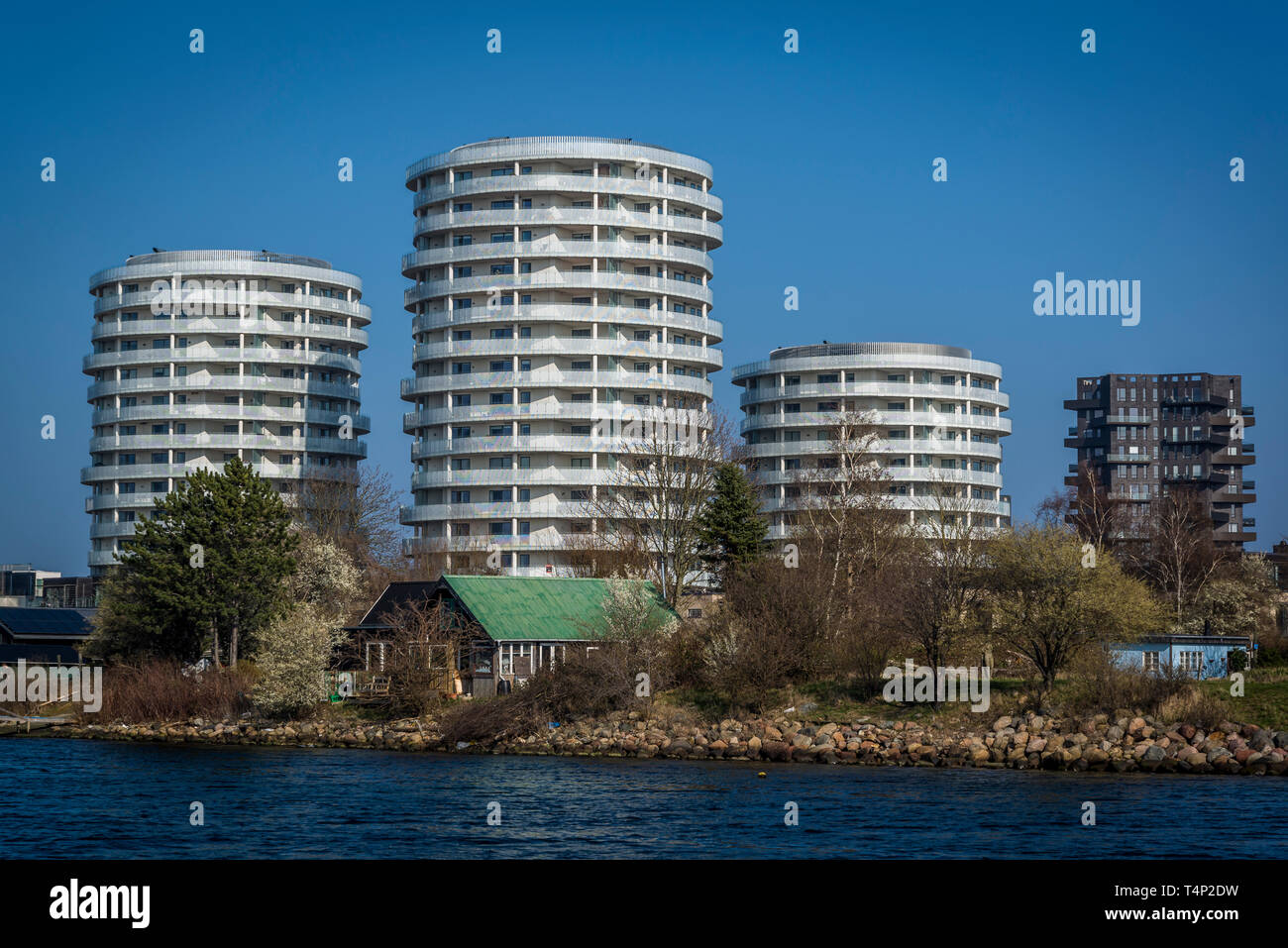 New housing developments above the old residential houses along Copenhagen harbour, Copenhagen, Denmark Stock Photo
