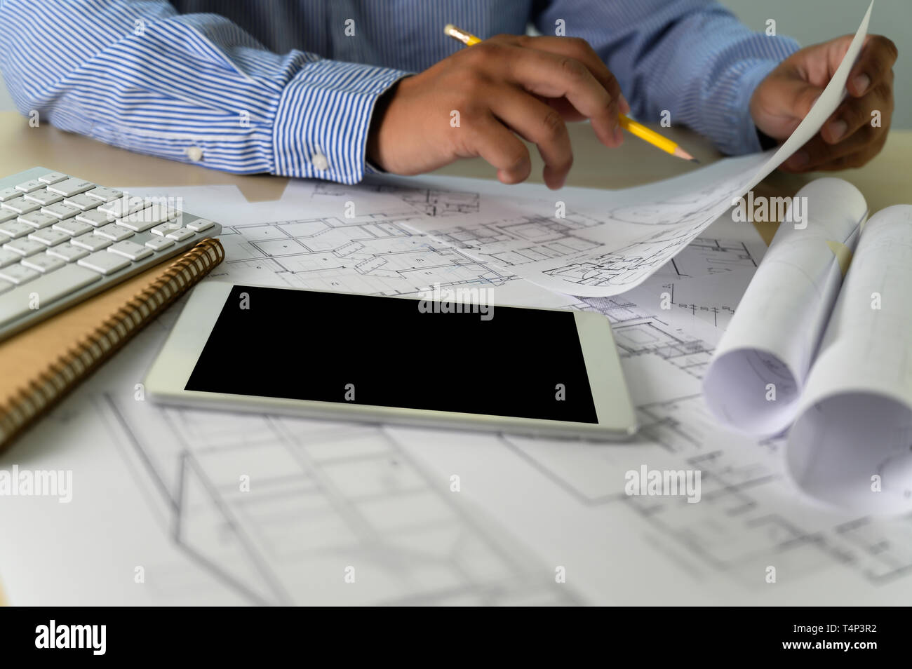 Architects working laptop  interior Architect workplace Construction concept tools Stock Photo
